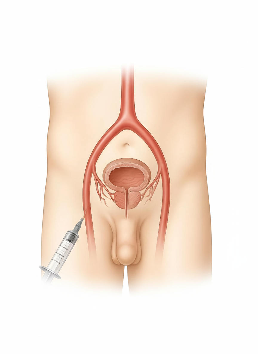 Illustration showing prostate arteries supplying blood to the prostate gland