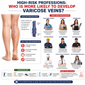 ChatGPT Image Jul 23 2026 07_38_00 PM | Infographic about varicose veins; shows left leg with varicose veins and a chart, plus high-risk professions and tips for prevention and when to see a doctor.