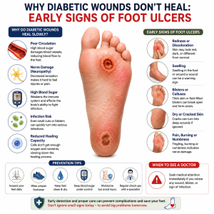 Infographic on diabetic foot ulcers with a damaged central foot, left panel risks, right panel early signs, and prevention tips.