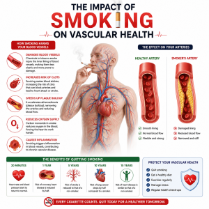 ChatGPT Image Jul 23 2026 07_53_57 PM | Infographic showing how smoking harms blood vessels and arteries, with a central human figure smoking and side-by-side healthy vs smoker's arteries.