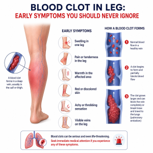 ChatGPT Image Jul 23 2026 07_26_25 PM | Infographic explaining leg blood clots: early symptoms, how clots form in veins, and a warning to seek medical attention when needed.