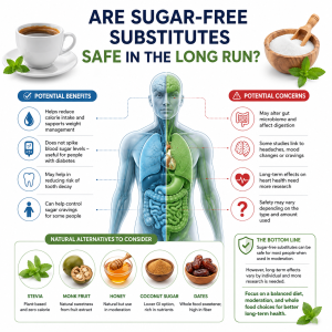 Infographic about sugar-free substitutes: left side lists benefits, right side concerns, central human diagram, natural options at bottom.
