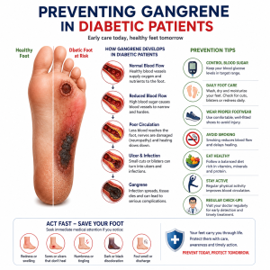 ChatGPT Image Jul 23 2026 07_33_45 PM | Infographic on preventing gangrene in diabetic patients, showing a healthy foot beside a diseased foot and prevention tips at right.