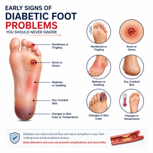 ChatGPT Image Jul 23 2026 07_14_10 PM | Infographic on diabetic foot signs: foot with callouts for numbness, ulcers, redness, swelling, cracked skin, and color/temperature changes.