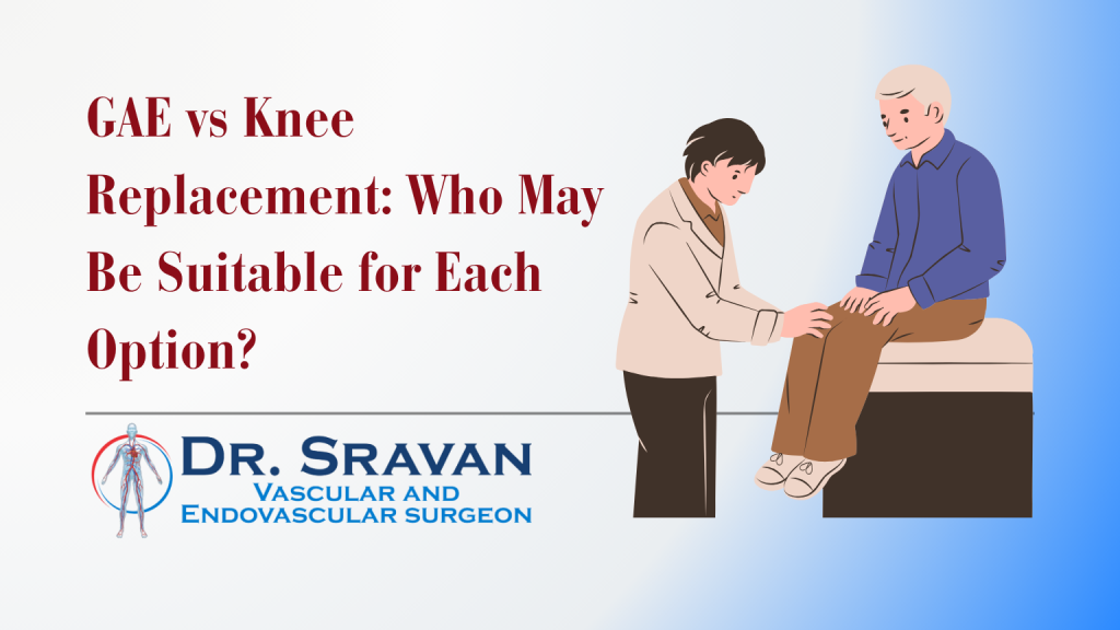 Banner showing a clinician examining an elderly man's knee on the right; left side features a red headline about knee replacement options and the Dr. Sravan vascular surgeon logo with blue text.