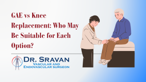 Banner showing a clinician examining an elderly man's knee on the right; left side features a red headline about knee replacement options and the Dr. Sravan vascular surgeon logo with blue text.